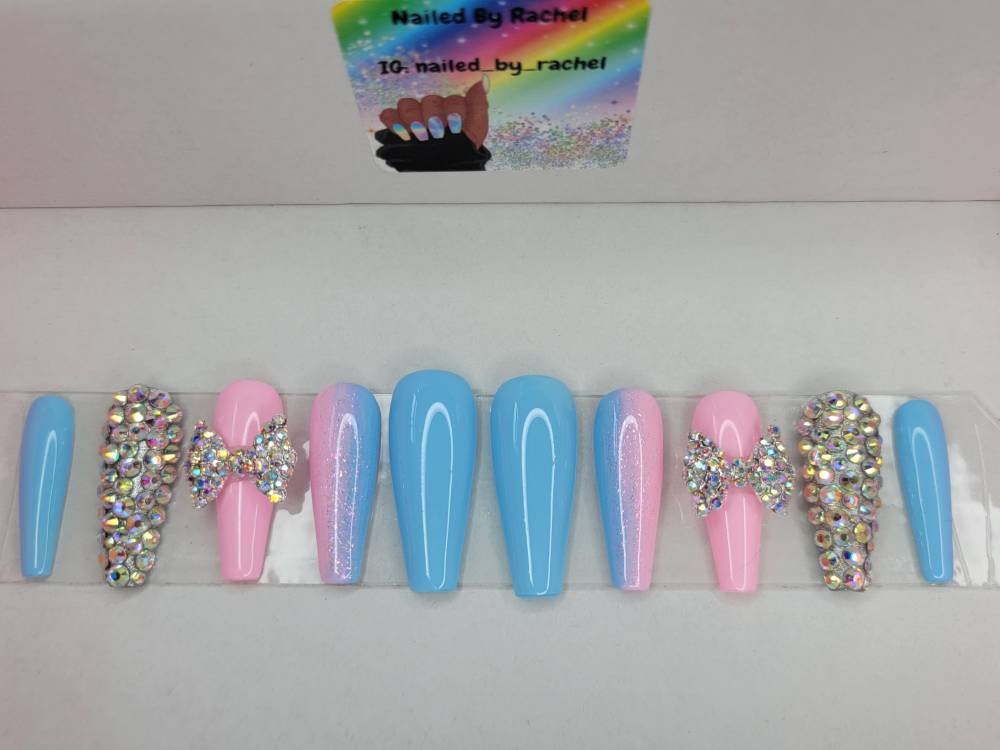 Baby Blau & Rosa Ombre Nägel Shower Set Mit Kristall Schleife Bling Lang Koniert Ballerina Druck Auf Jede Form von Etsy - NailedByRachel