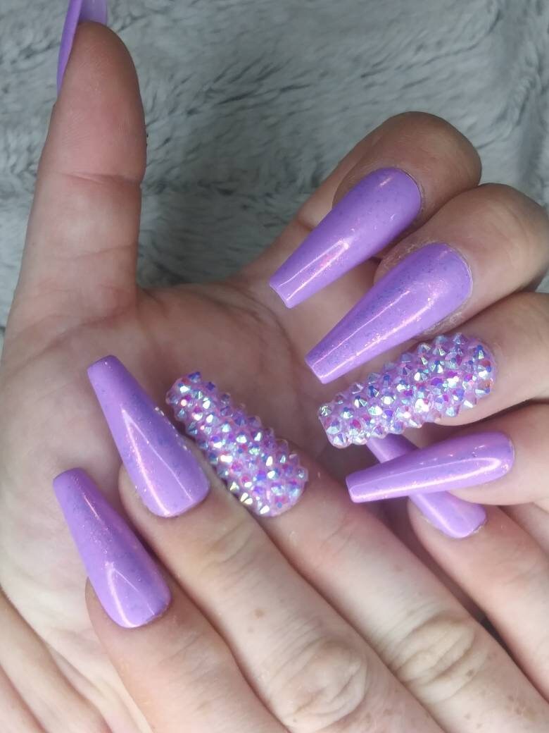 Helle Neon Lila Bling Nägel Mit Opal Chrom Flocken - Luxus W/Schillernde Kristalle Kostenloser Versand Meerjungfrau Ballerina Sarg von Etsy - NailedByRachel