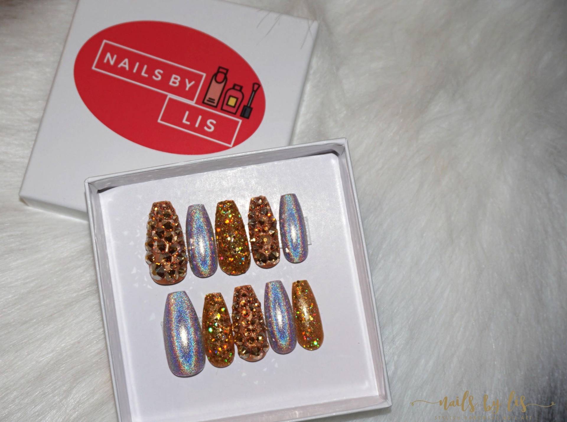 All Das Glitzert| Gold Holographic Glitter Swarovski Press On Nails | Kunstnägel Sarg, Ballerina, Stiletto, Almond, Square, Etc von Etsy - NailsByLis