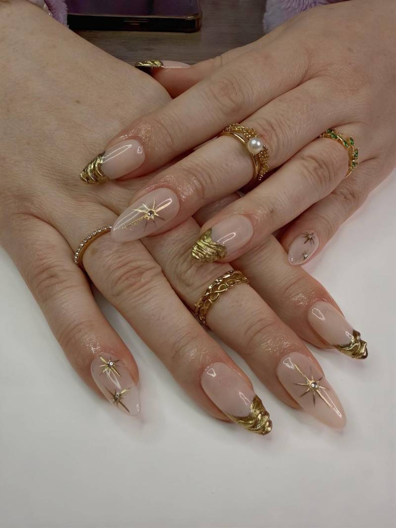 Handgemachte Gelnägel, Press On Nails Chrom Gold Stern/Chrom Kunstnägel, French Nails, Für Partys von Etsy - NailsbyCasswing