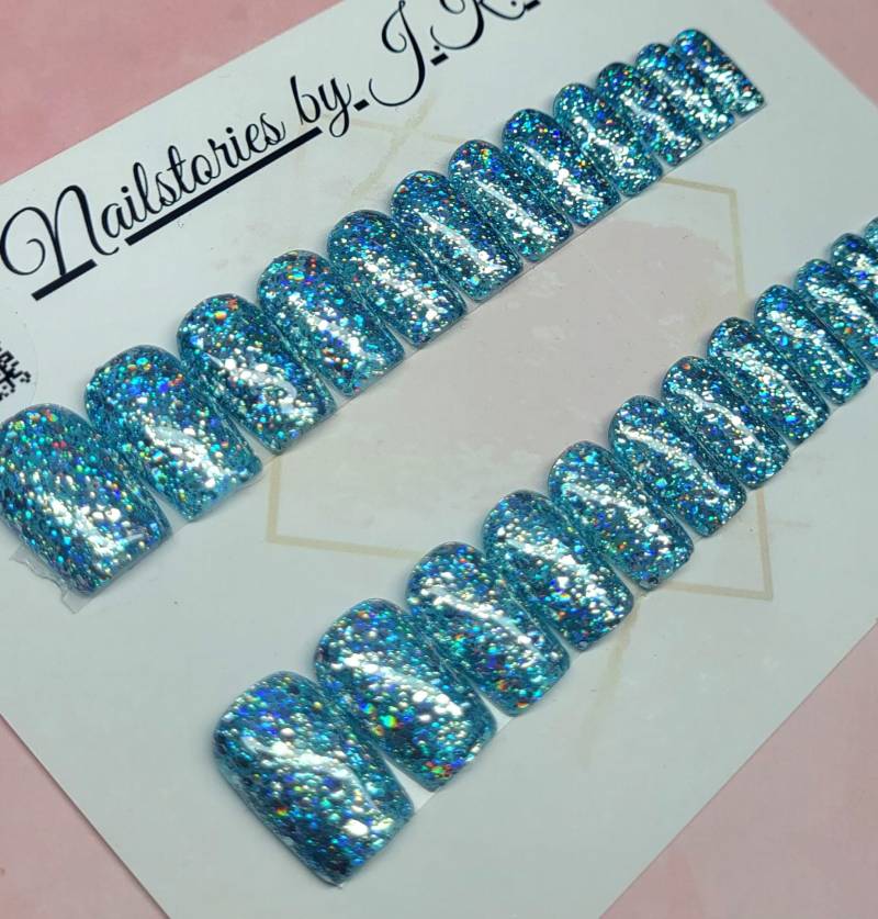Versandfertig 24Tlg Ready To Ship Press On Nails - Short Square Blau/Irisierend Glitzer Sizingkit-Tragefertig-Made in Germany Softgel von Etsy - NailstoriesbyJK