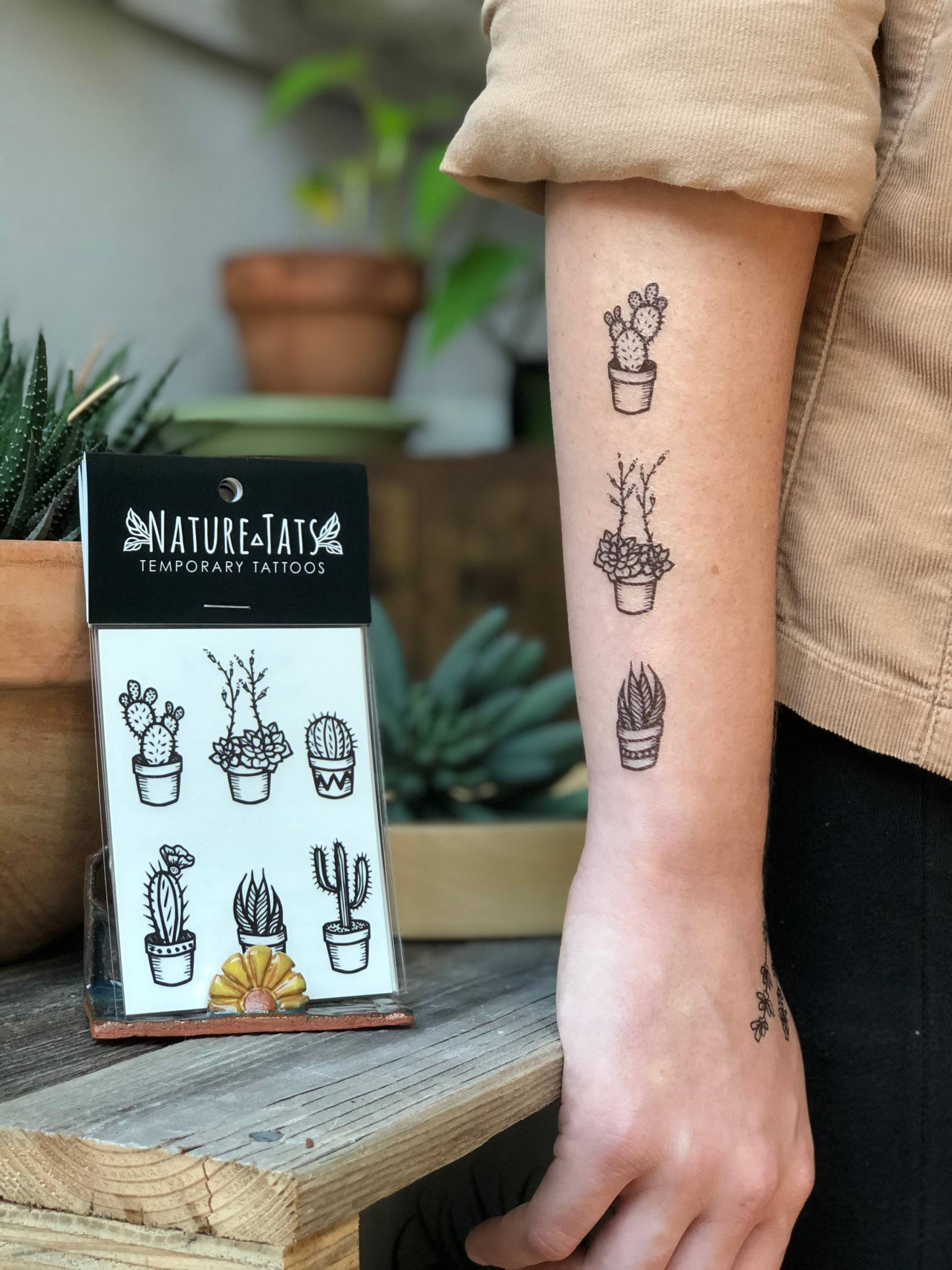 Eingemachte Kaktus Temporäre Tattoos, Sukkulenten Zimmerpflanzen, Schwarze Linie Zeichnung, Natur Tattoo, Stocking Stuffer von Etsy - NatureTats