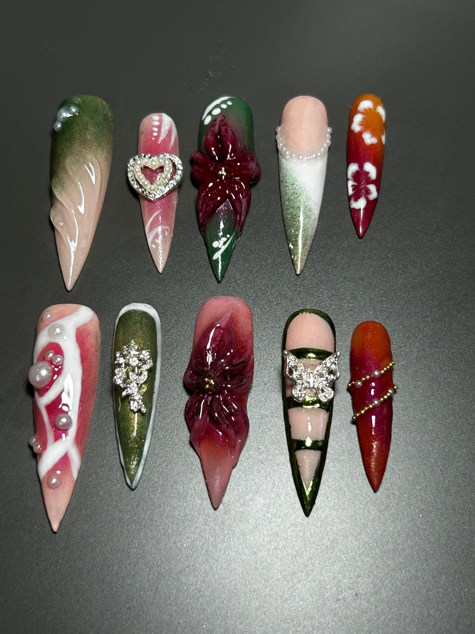 Sommer Floral Press On Nägel | Lange Stiletto Nagelset Mit 3D Blumen & Gems Handgefertigte Gefälschte Wiederverwendbare Summer Nails Geschenkset von Etsy - NatynaStore