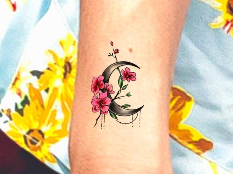 Mond Blume Temporäres Tattoo/Florales Halbmond Blumen Wildblumen Niedliches Space Tat von Etsy - NewYouTattoo
