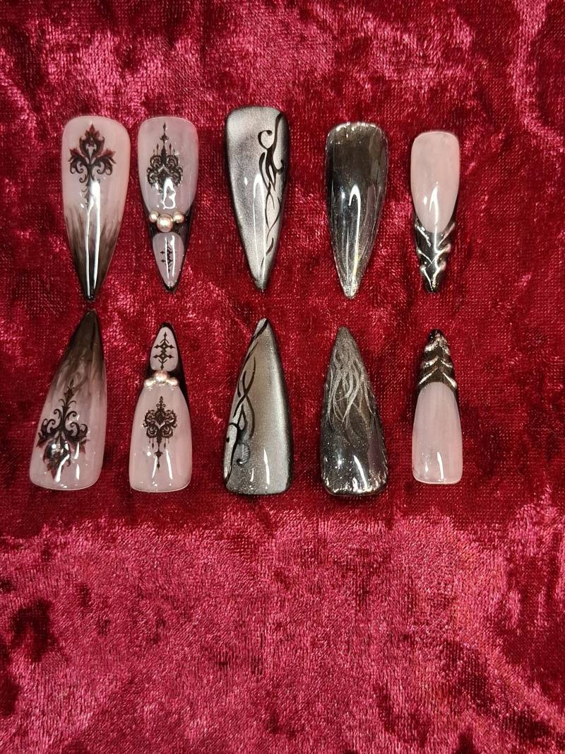 Press On Nägel, Elegant Goth Nailart, Halloween, Gothic, Press Nails, Cateye, Chrome von Etsy - NiphiliasNails