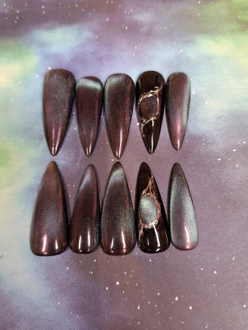 Press On Nägel, Hidden Northern Lights, Halloween, Gothic, Press Nails, Cateye, Chrome von Etsy - NiphiliasNails