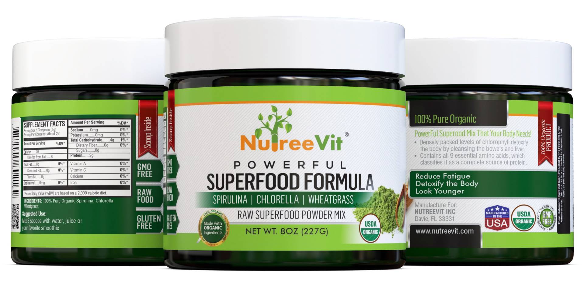 1 Pure Organic Powerful Superfood Mix - Spirulina Chlorella Weizengras 11-225 Ml von Etsy - NutreeVit