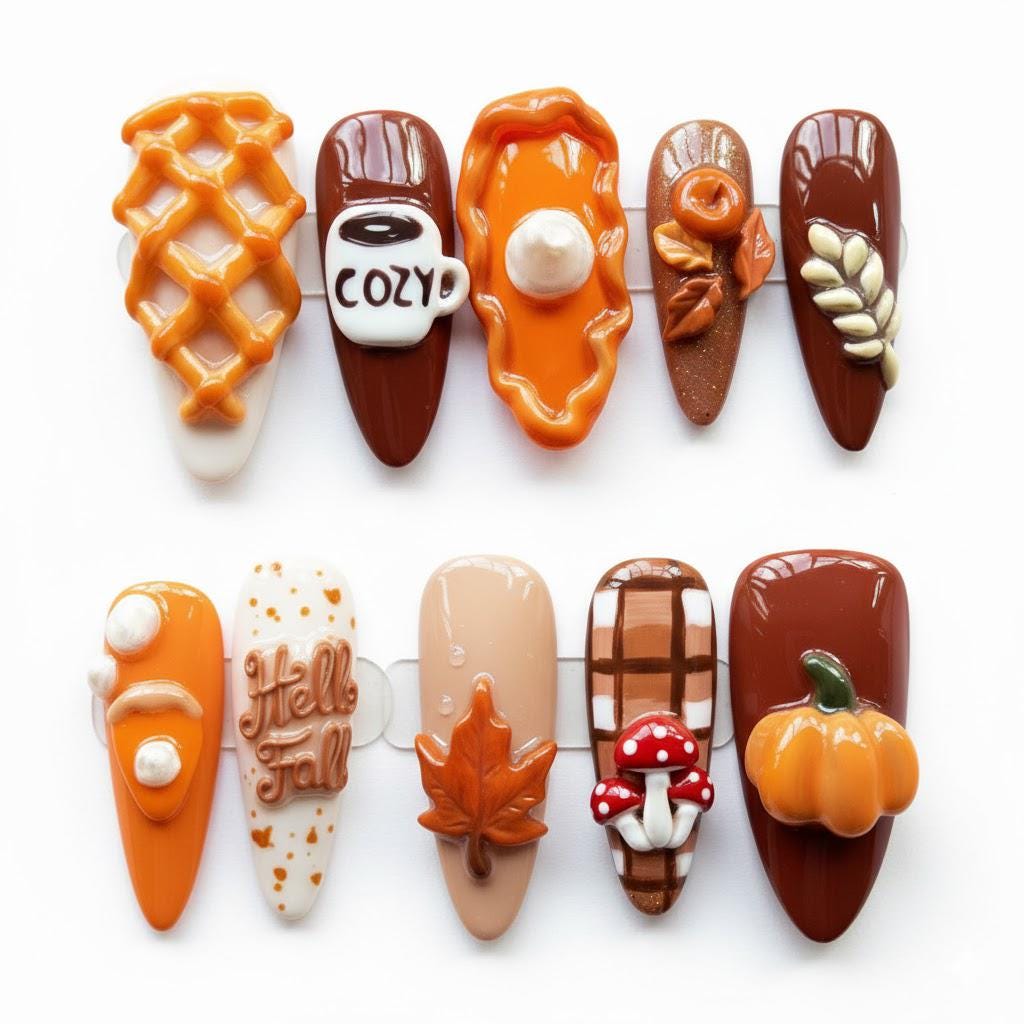 3D Fall Nails Press On | Cozy Autumn Pumpkin Pie Latte Cookie Thanksgiving Harvest Orange Brown Cute Fake von Etsy - OneDayInMayShop