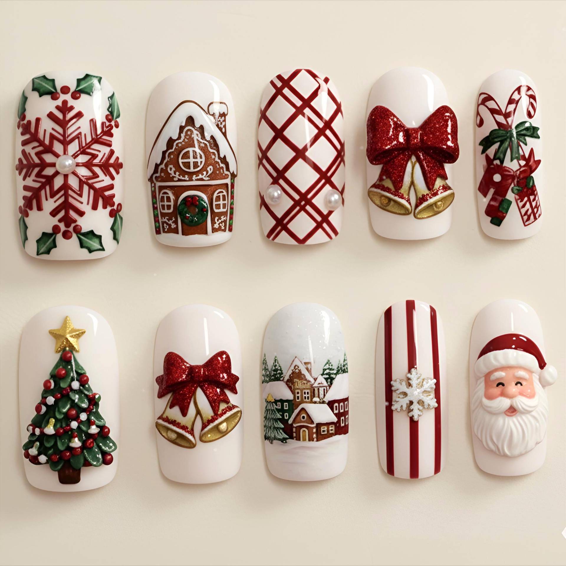 Christmas Press On Nails | 3D Gingerbread House, Snowflake, Bells & Santa Red White Holiday Nail Set von Etsy - OneDayInMayShop