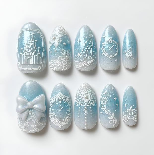 Cinderella Princess Press On Nails Blue Ice Glitter/Castle Clock Slipper/White Lace Snowflake/3D Bow Carriage Fairy Tale Art von Etsy - OneDayInMayShop