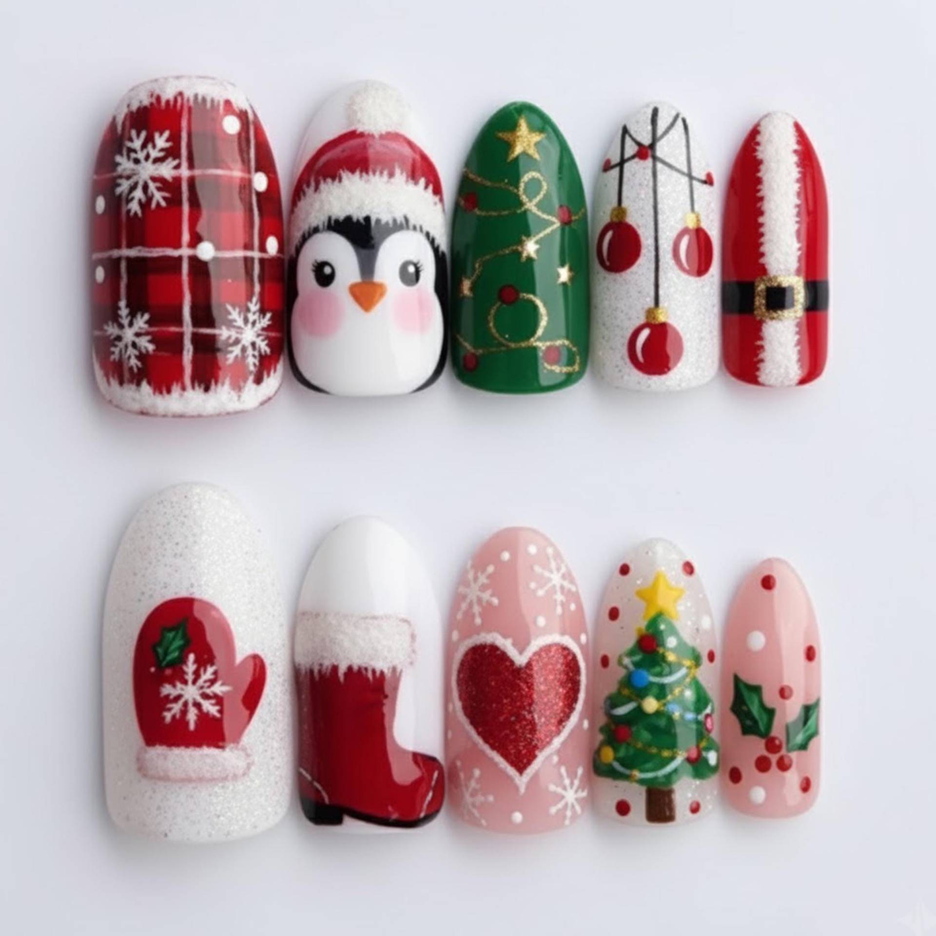 Classic Christmas Nails Press On | Cute Penguin Santa Plaid Tree Mitten Holiday Red Green White Fake Nail Set von Etsy - OneDayInMayShop