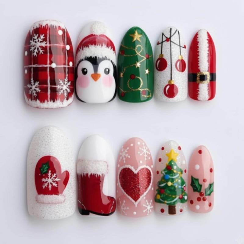 Classic Christmas Nails Press On | Cute Penguin Santa Plaid Tree Mitten Holiday Red Green White Fake Nail Set von Etsy - OneDayInMayShop