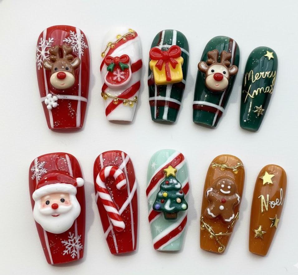 Cute 3D Christmas Press On Nails Set Santa Reindeer Candy Cane Gift Box Gingerbread Plaid Xmas Tree Fake Nail von Etsy - OneDayInMayShop
