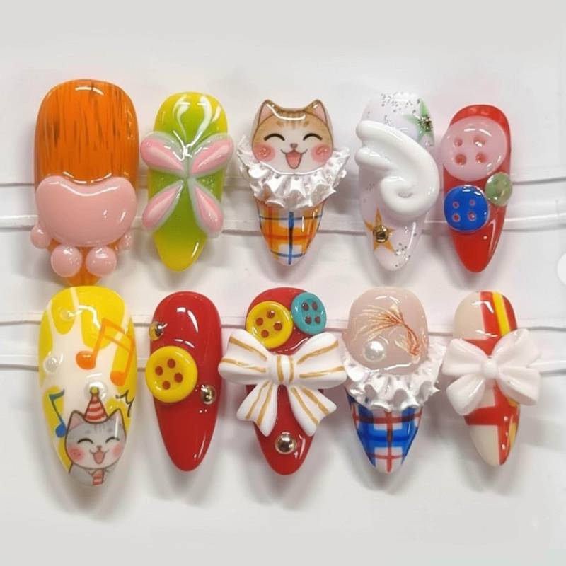 Cute Kawaii Cartoon Press On Nails Set Cat Kitten Circus Party Plaid Bow Tie Button Bright Color Oval Fake Cute Kawaii Cartoon Press On Nails Set Cat Kitten Circus Party Plaid Bow Tie Button Bright Color Oval Fake von Etsy - OneDayInMayShop