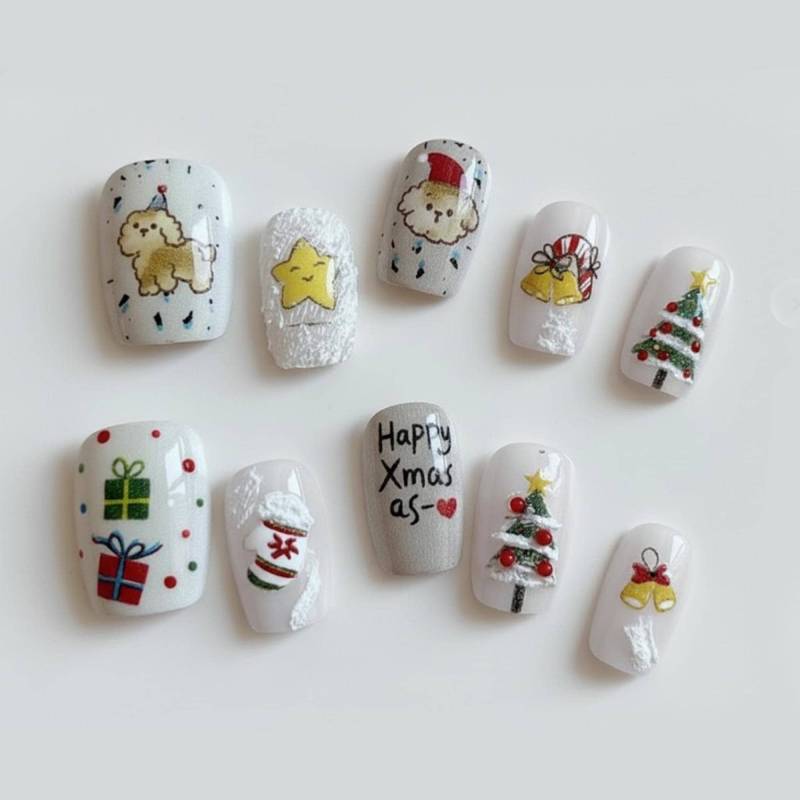 Cute Poodle Dog Christmas Press On Nails Set Cartoon Gift Box Bell Star Sweater Xmas Tree Fuzzy Short Square Fake von Etsy - OneDayInMayShop