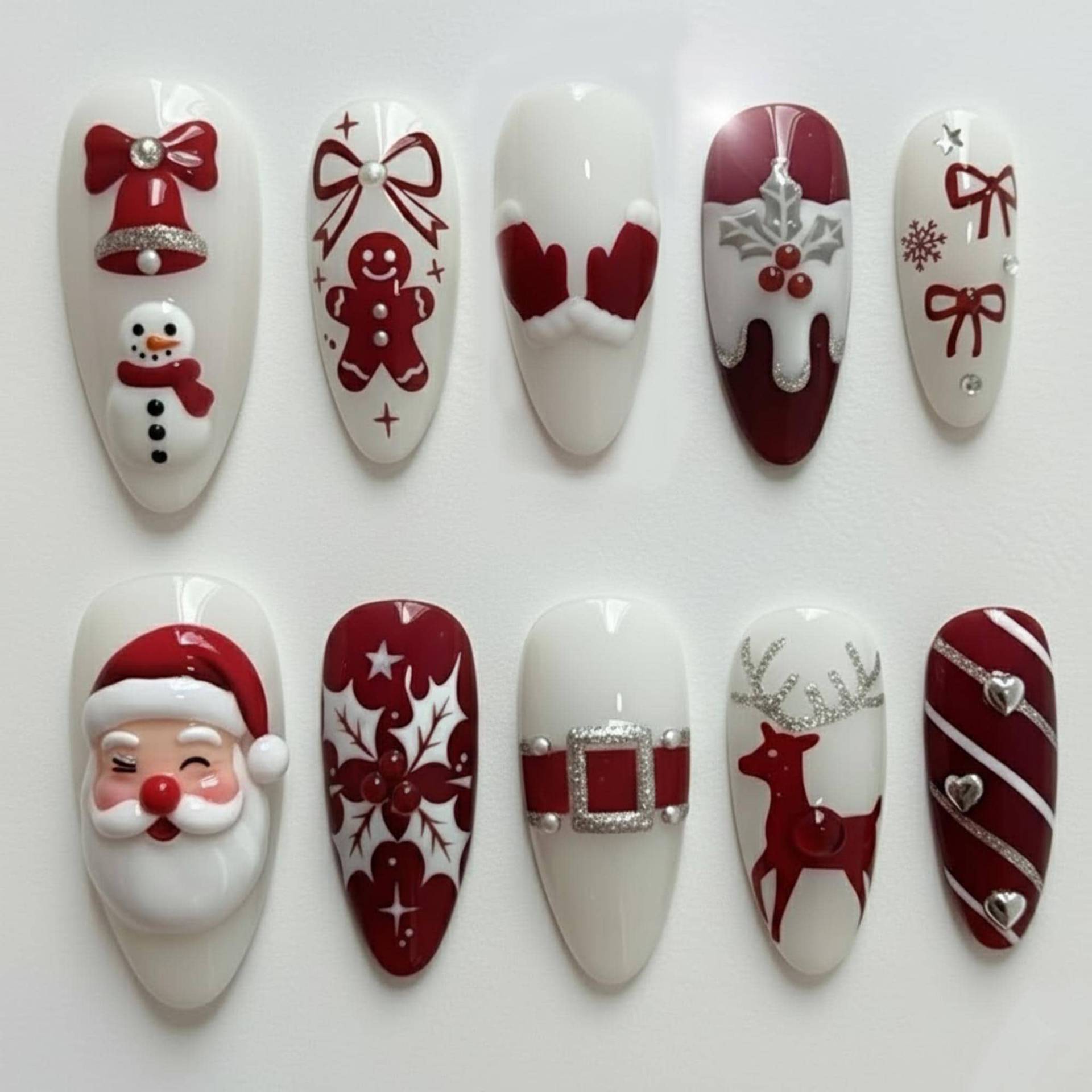 Elegant Christmas Press On Nails Set Red White Poinsettia Reindeer Santa Belt Gingerbread Snowflake Bow Tie Fake von Etsy - OneDayInMayShop