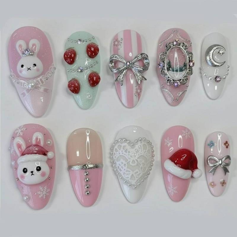 Handmade 3D Kawaii Bunny Press On Nails | Pink Pastel Strawberry & Christmas Nail Set Luxury Lace Heart, Bow Santa Hat Art Handmade 3D Kawaii Bunny Press On Nails | Pink Pastel Strawberry & Christmas Nail Set Luxury Lace Heart, Bow Santa Hat Art von Etsy - OneDayInMayShop