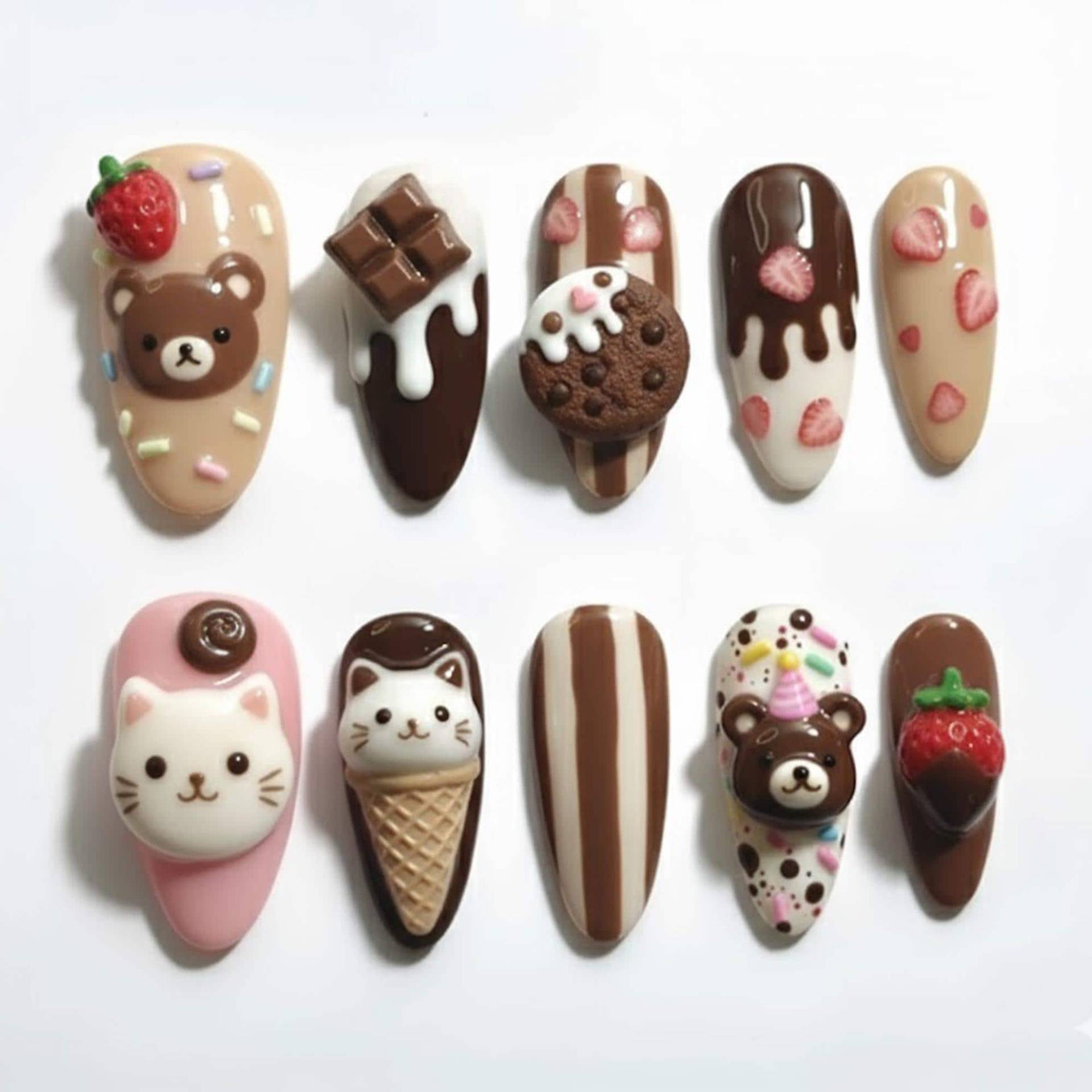 Handmade 3D Kawaii Chocolate Ice Cream Press On Nails | Cute Foodie Bear & Cat Nail Set Strawberry Drip & Cookie Art von Etsy - OneDayInMayShop