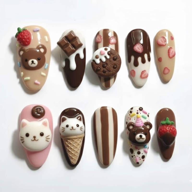 Handmade 3D Kawaii Chocolate Ice Cream Press On Nails | Cute Foodie Bear & Cat Nail Set Strawberry Drip & Cookie Art von Etsy - OneDayInMayShop