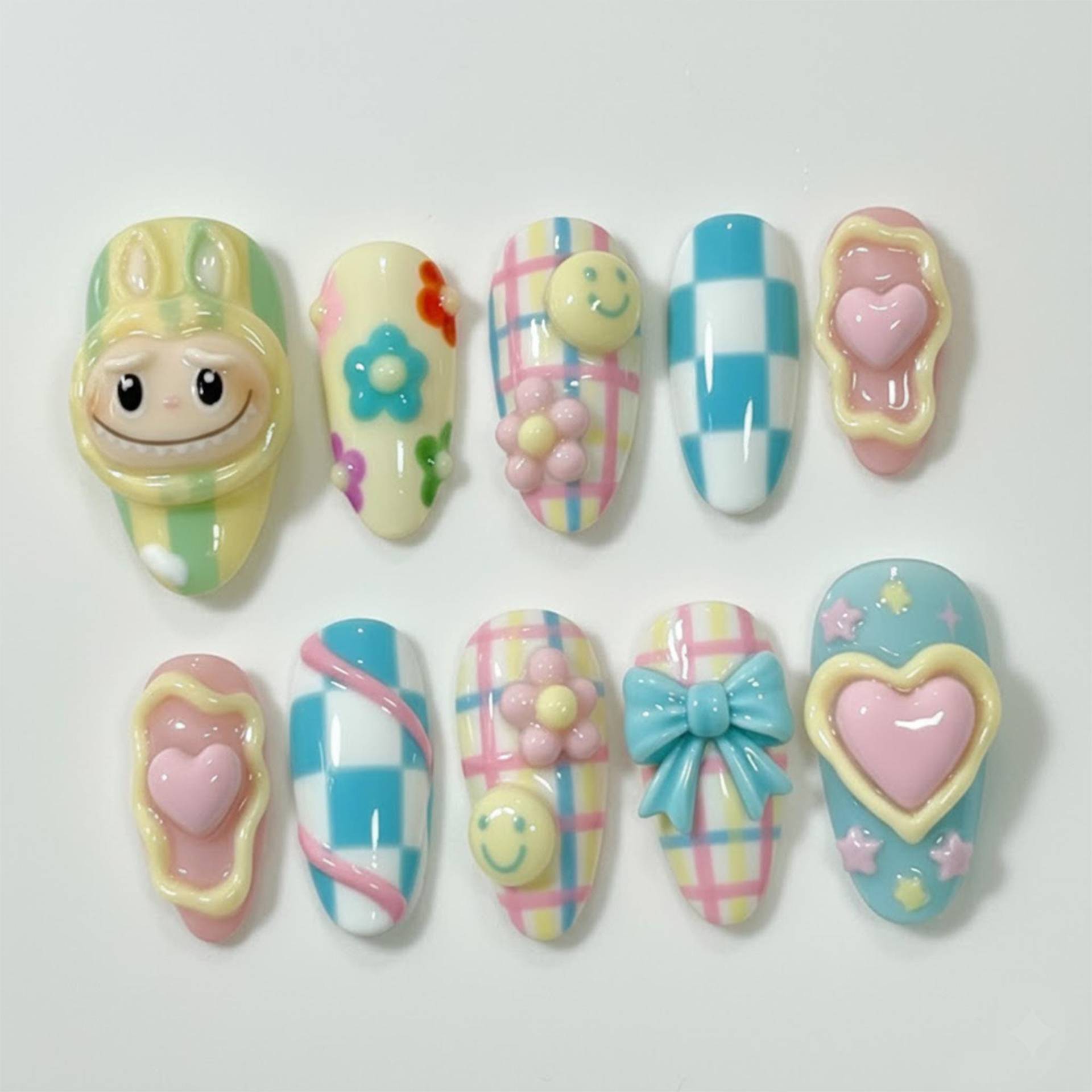 Handmade 3D Y2K Pastel Press On Nails | Cute Retro Checkered Nail Set Kawaii Bunny, Smiley Face & Heart Art von Etsy - OneDayInMayShop