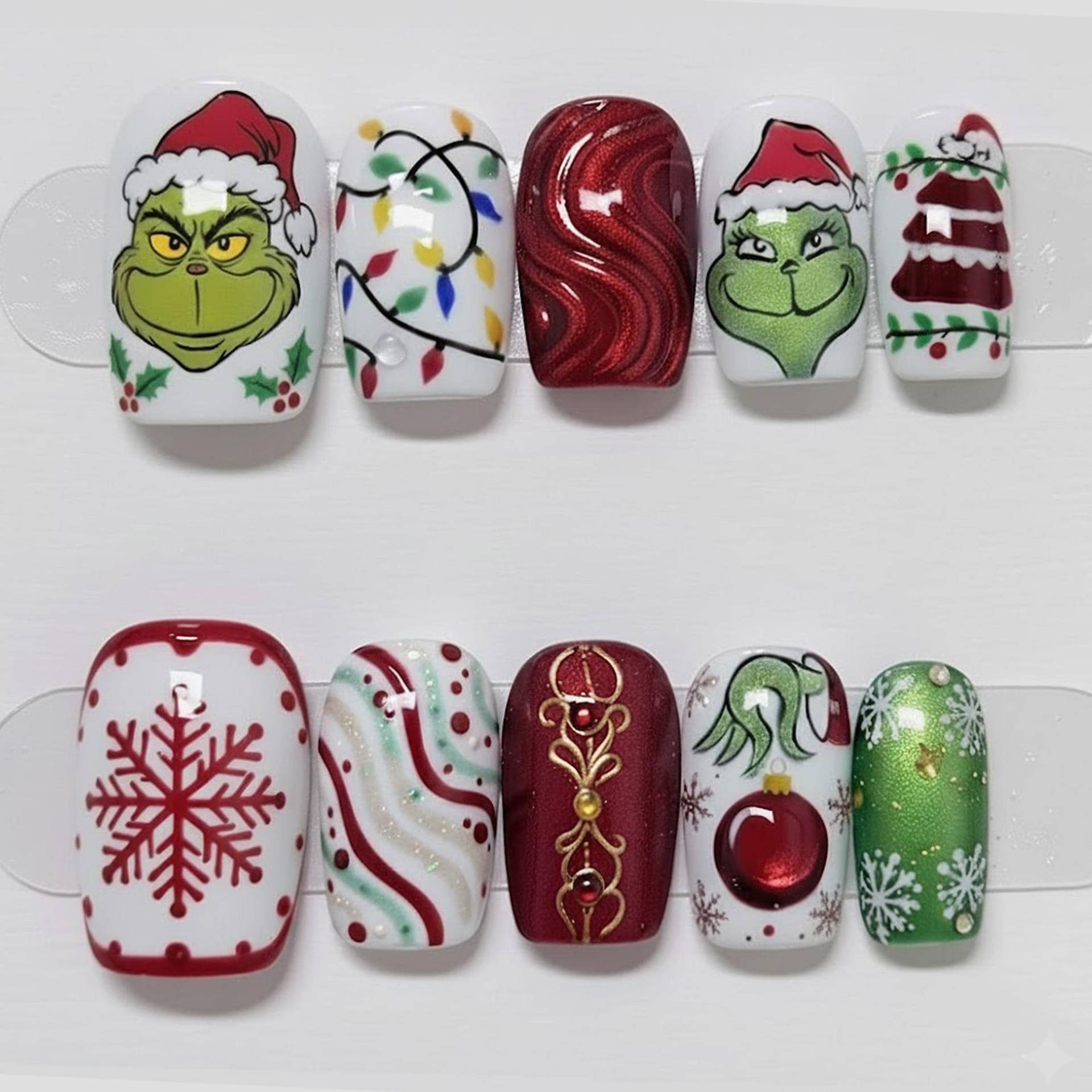 Handmade Grinch Christmas Press On Nails | Whimsical Holiday Nail Art Cute Cartoon Red & Green Xmas Lights Set von Etsy - OneDayInMayShop