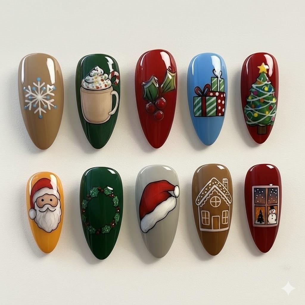 Illustrated Christmas Press On Nails Set Santa Hat Hot Cocoa Gingerbread House Xmas Tree Holly Winter Fake von Etsy - OneDayInMayShop