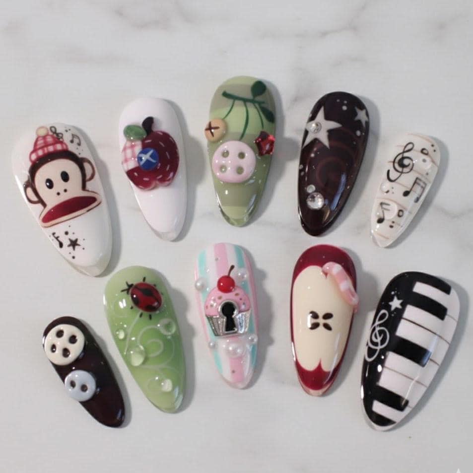 Kawaii Mix Press On Nails Monkey Apple Ladybug/3D Cupcake Music Notes Piano Keys/Red Green Brown Cute Art von Etsy - OneDayInMayShop