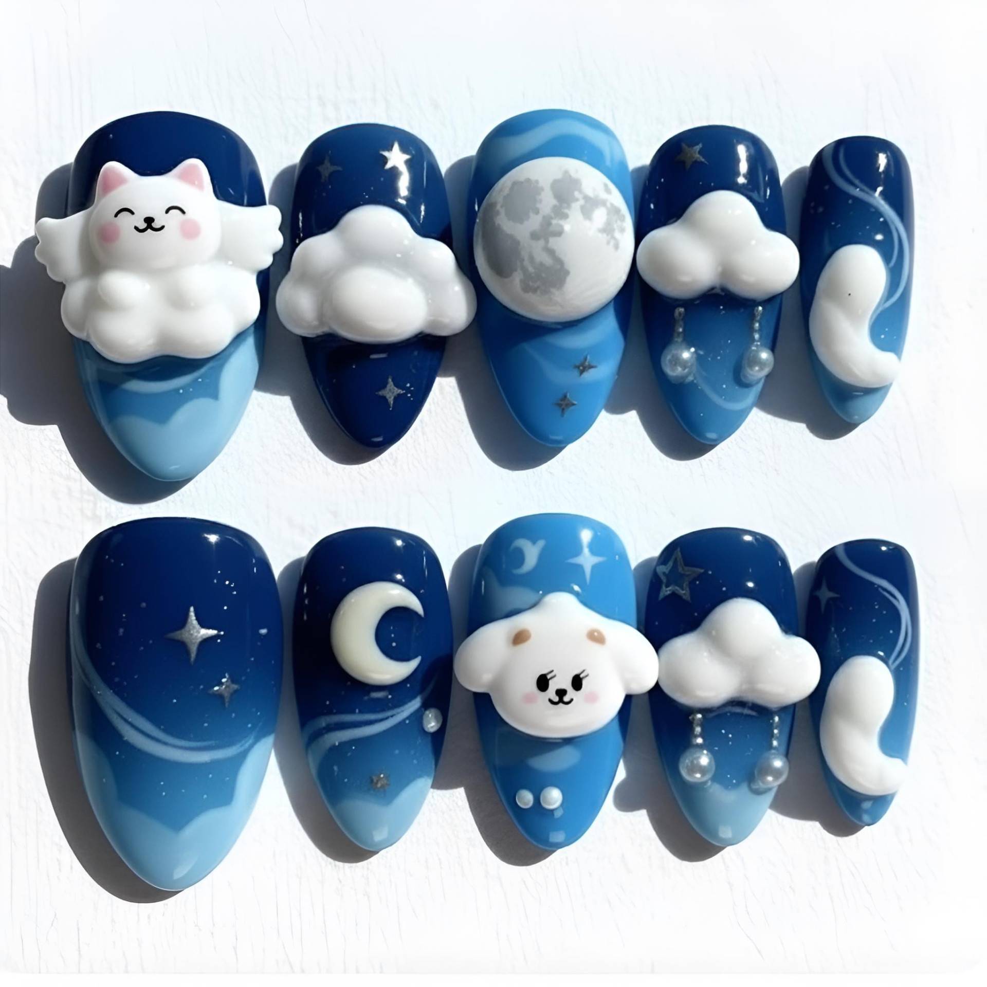 Kawaii Night Sky Press On Nails - 3D Cloud & Moon Nails, Cute Cat Bear Blue Galaxy Nail Art Set, Handmade Christmas Gift von Etsy - OneDayInMayShop