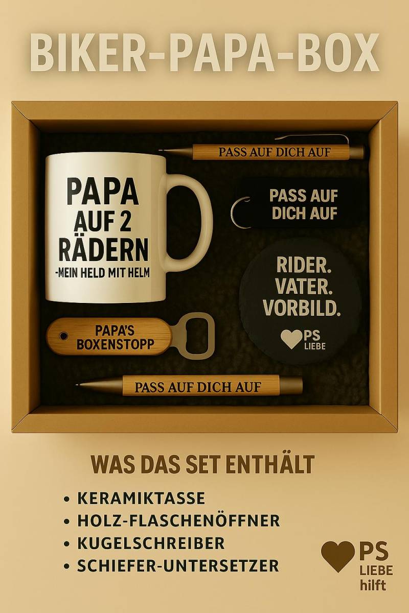 Biker Papa Geschenkbox - Vatertagsgeschenk Motorradfahrer Geschenk Für Bikerbox Mit Spruch Ps Liebe Box Tasse, Öffner, Kugelsch von Etsy - PSLiebehilft