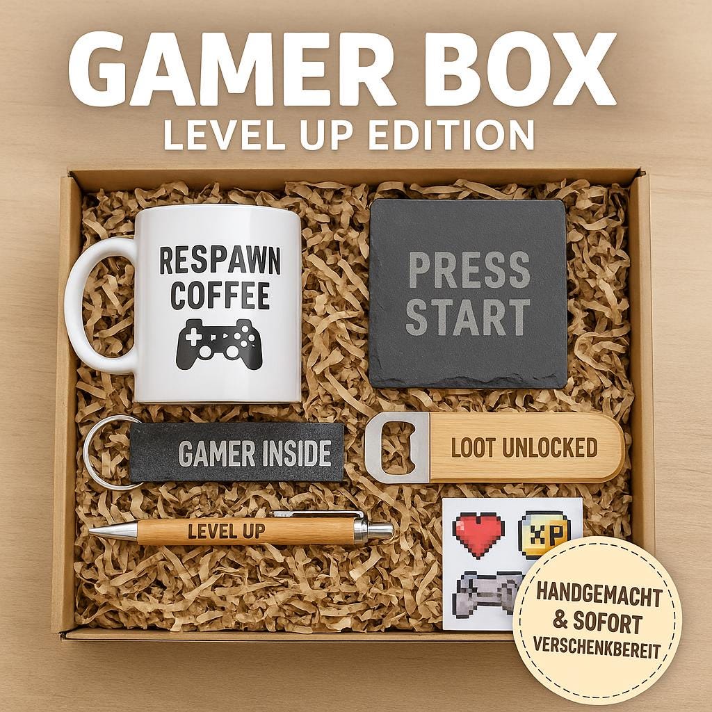 Gamer Geschenkbox Gaming Geschenk Für Männer & Frauen Zocker Set Mit Tasse, Untersetzer, Schlüsselanhänger, Holzöffner Kugelschreib von Etsy - PSLiebehilft