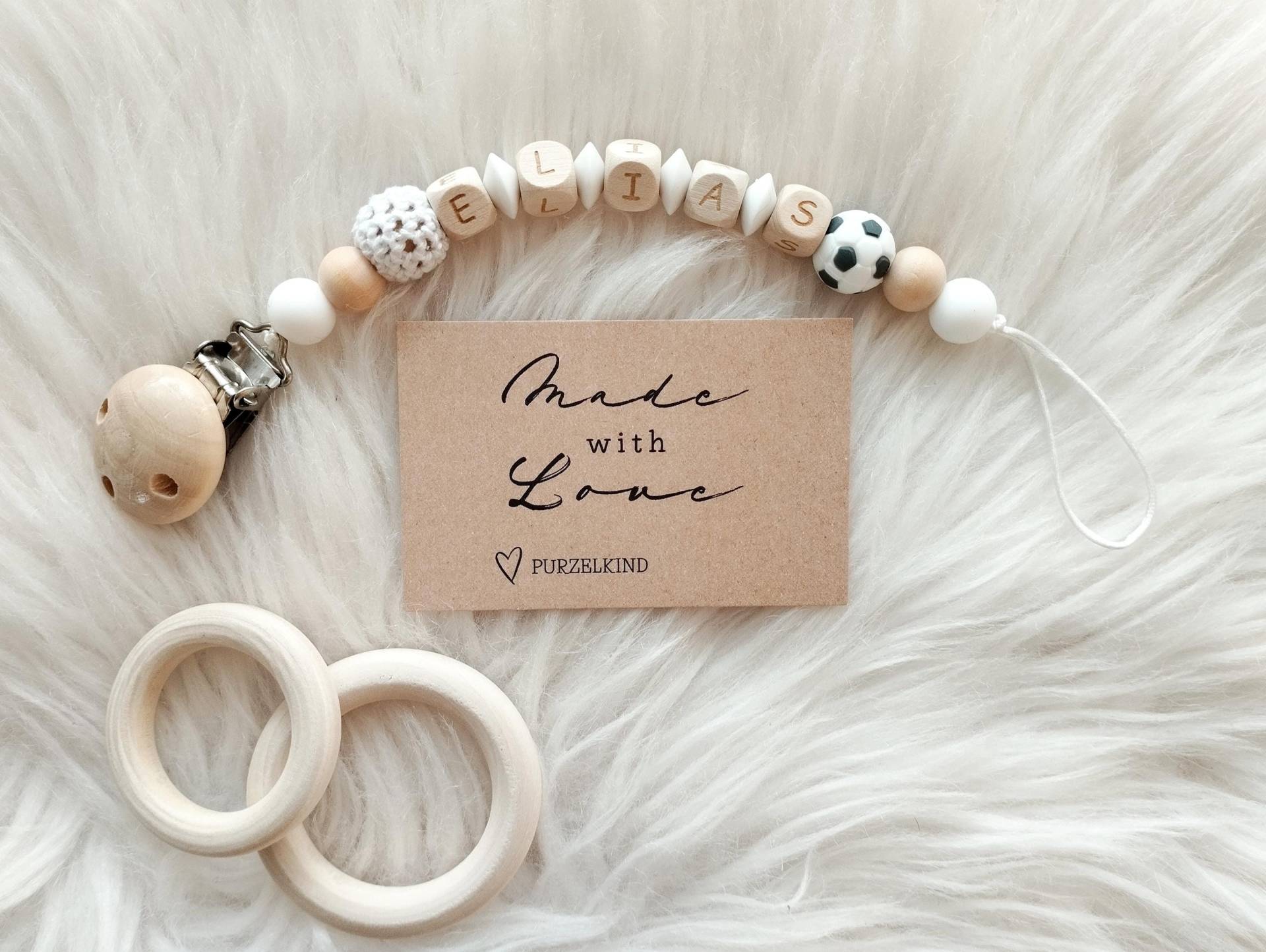 Schnullerkette Für Jungs Mit Fußball, Personalisiert Name Jungs, Blau, Weiß Beige von Etsy - PURZELKINDshop
