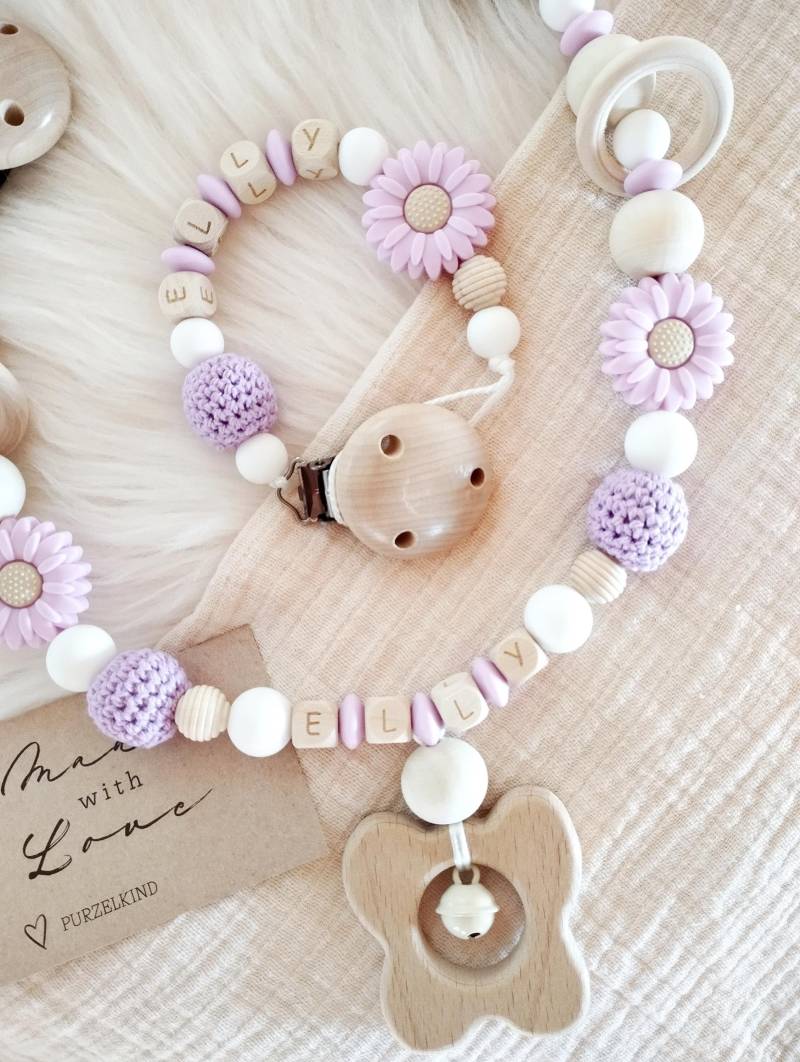 Schnullerkette Kinderwagenkette Set Mädchen Mit Blumen Flieder Und Weiß Personalisiert Für Name, Geschenk Zur Geburt Taufe von Etsy - PURZELKINDshop