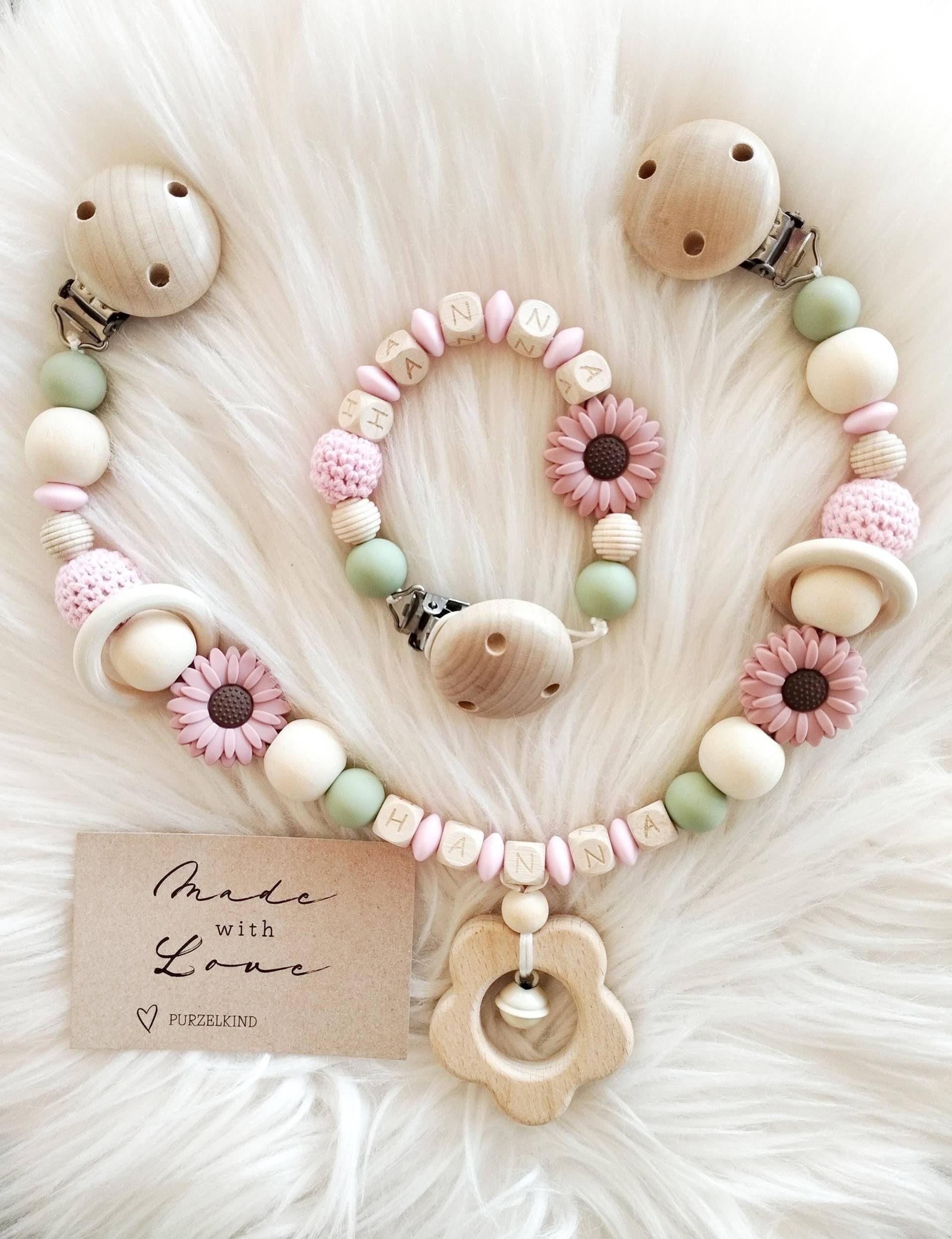 Schnullerkette Kinderwagenkette Set Mädchen Mit Blumen Rosa Und Grün Personalisiert Für Name, Geschenk Zur Geburt Taufe von Etsy - PURZELKINDshop