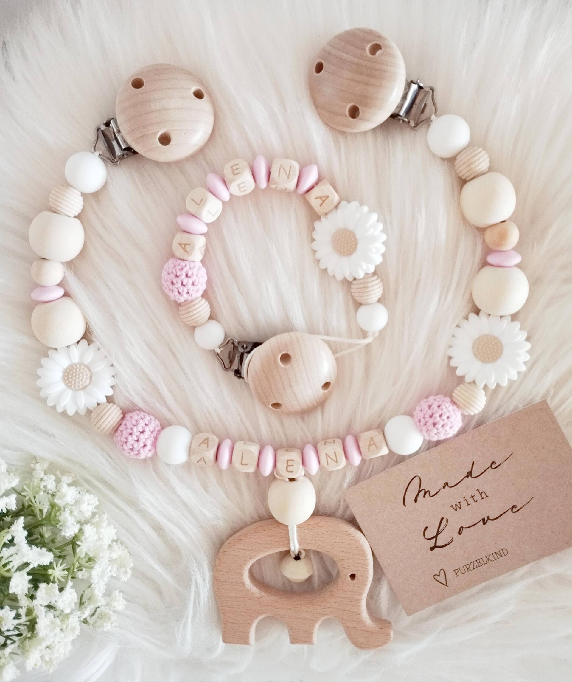 Schnullerkette Kinderwagenkette Set Mädchen Mit Blumen Rosa Und Weiß Personalisiert Für Name, Geschenk Zur Geburt Taufe von Etsy - PURZELKINDshop
