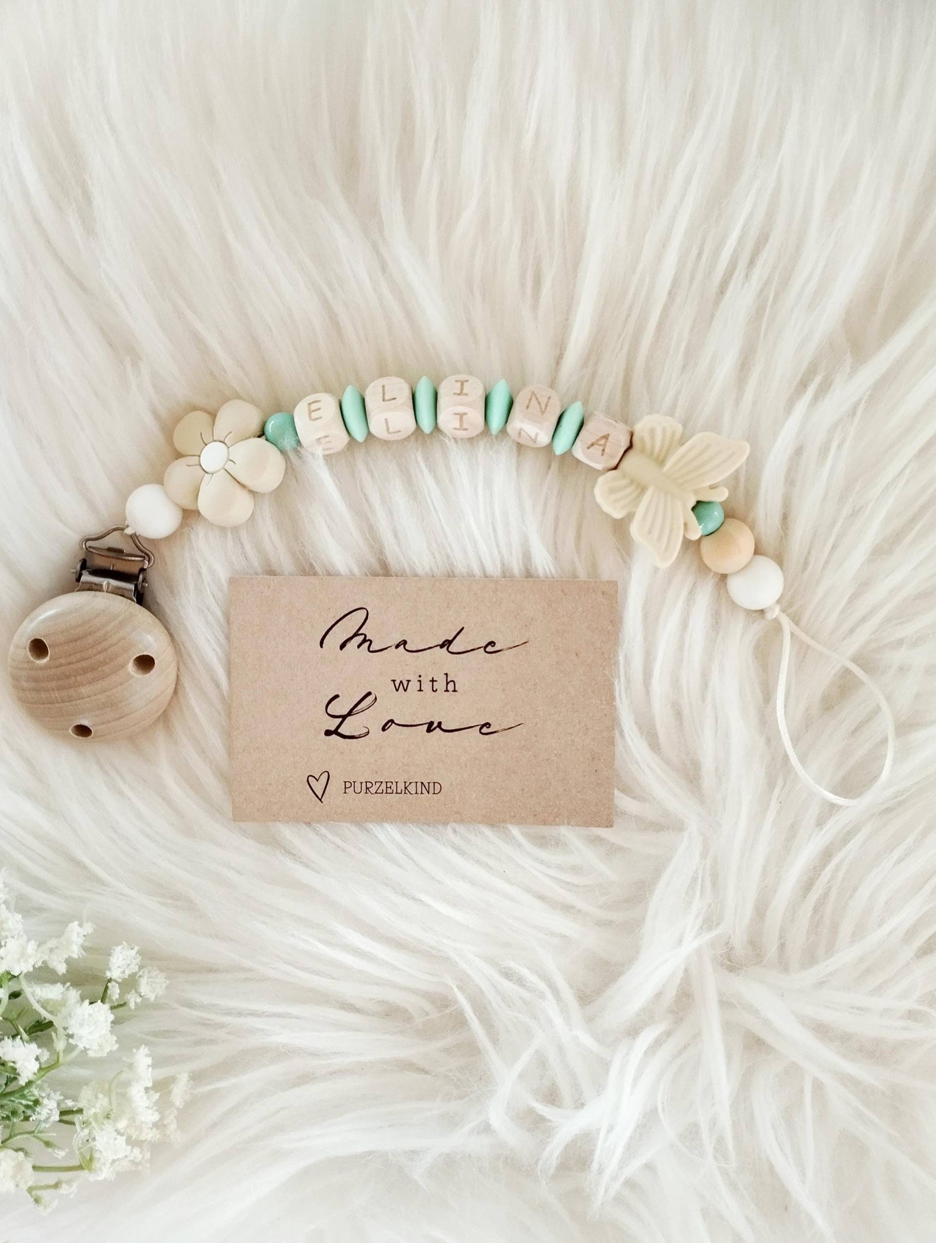 Schnullerkette Mit Name Blume Und Schmetterling Mintgrün Personalisiert Name, Geschenk Zur Geburt Babyparty Mädchen von Etsy - PURZELKINDshop