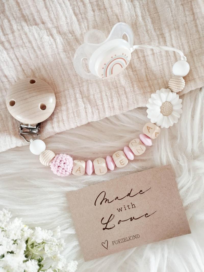 Schnullerkette Mit Name Und Blume Rosa Helles Pink Personalisiert Für Mädchen, Geschenk Zur Geburt Taufe Babyparty Mädchen von Etsy - PURZELKINDshop