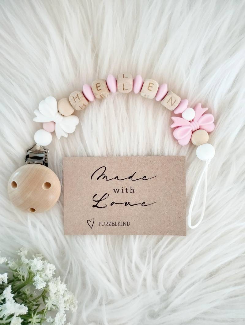 Schnullerkette Mit Name Und Schleifen Rosa Weiß Für Mädchen Personalisiert, Schleife Pink, Geschenk Zur Geburt Taufe von Etsy - PURZELKINDshop