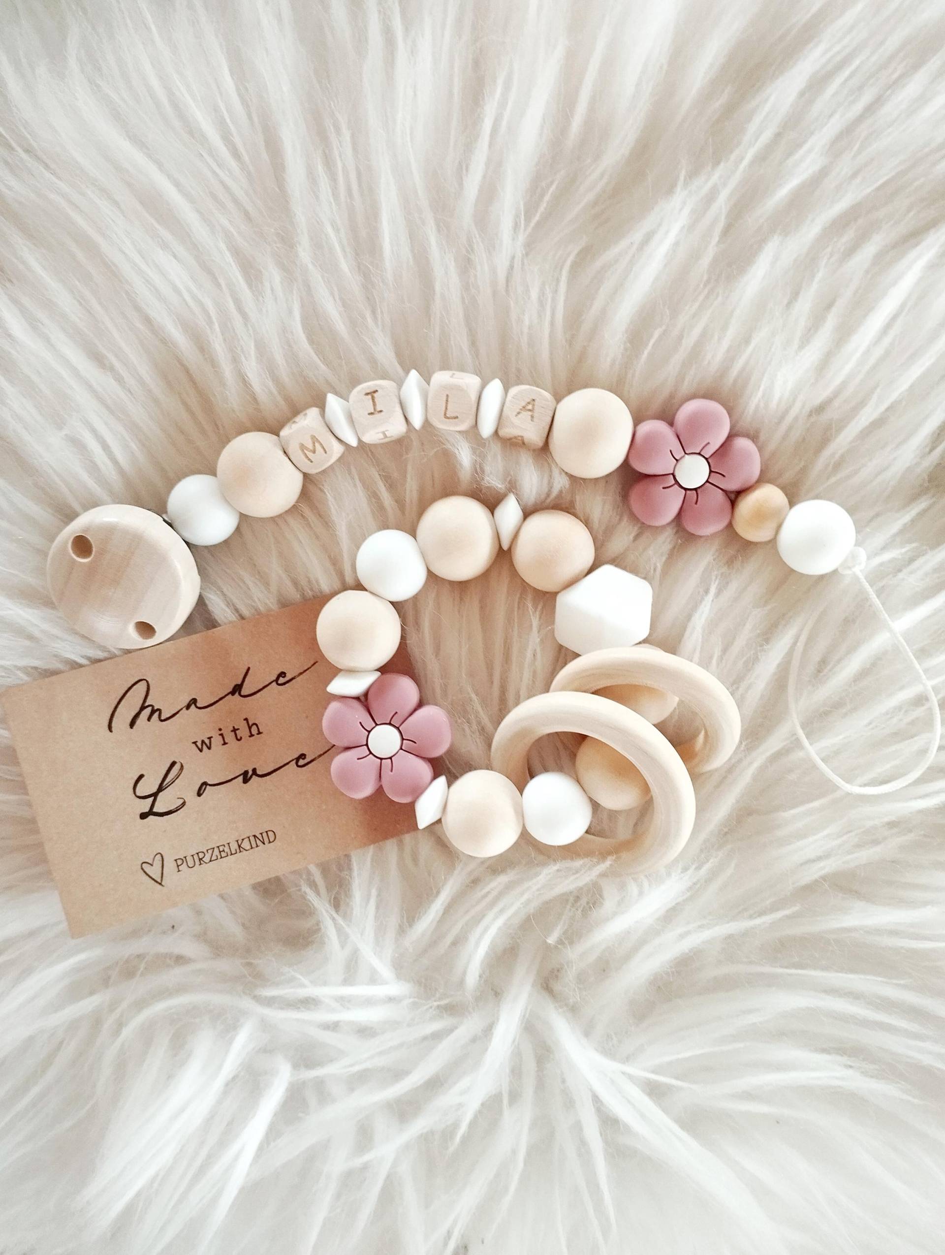 Schnullerkette Und Greifling Mit Name Blume Rosa Personalisiert Für Mädchen von Etsy - PURZELKINDshop