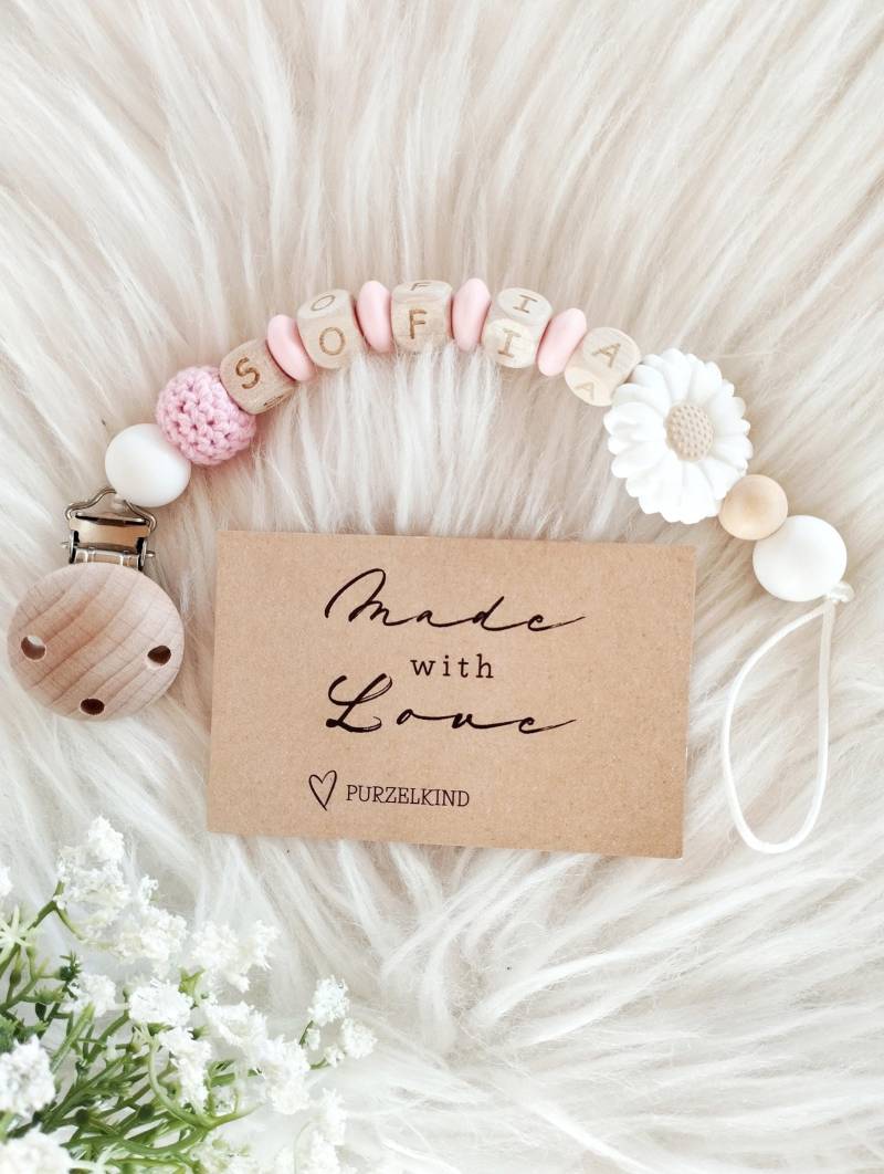 Schnullerkette Greifling Und Kinderwagenkette Mit Name Blume Rosa Personalisiert Für Mädchen von Etsy - PURZELKINDshop