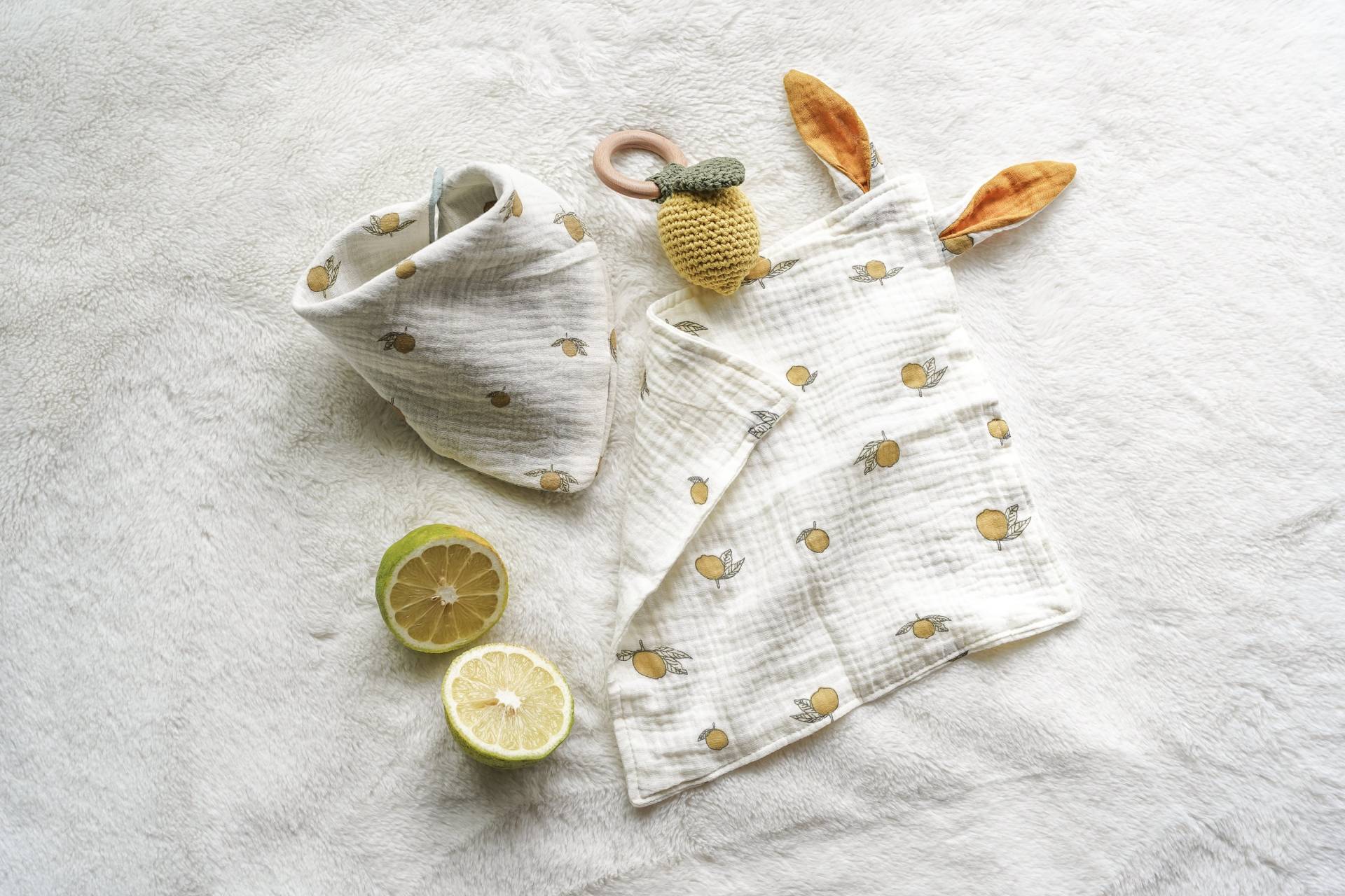 3Er Geschenkset Baby Musselin Zitronen Schnuffeltuch Mit Greifring Und Halstuch Schmusi Hasi Schmusetuch Lieblingstier Kuscheltier Lemon von Etsy - PeppieShop