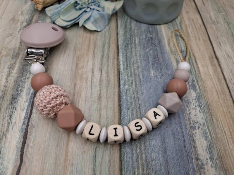 Schnullerkette, Schnullerkette Mit Namen Rosy Brown/Lehmbraun Junge Mädchen, Personalisiert von Etsy - PerlenprinzessinHB
