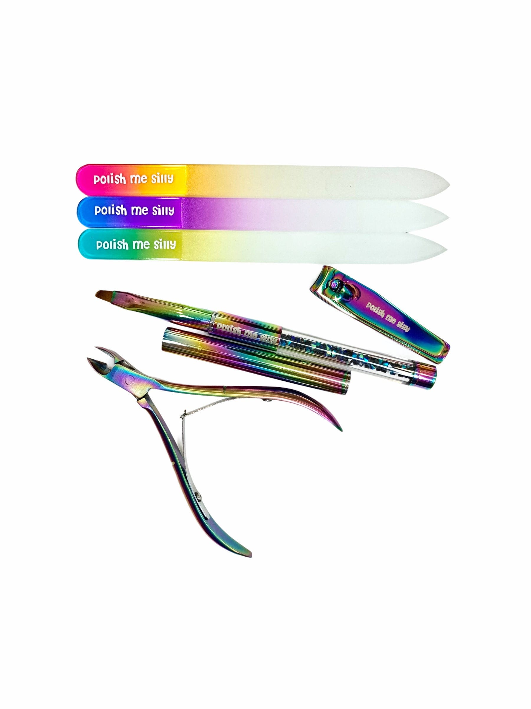 6 Pc Full Tool Set - 3 Regenbogen-Dateien, Clipper, Nipper, Clean Up Pinsel Polish Me Silly Logo Nagelwerkzeuge Multi-Chrom 6 Pc Full Tool Set - 3 Regenbogen-Dateien, Clipper, Nipper, Clean Up Pinsel Polish Me Silly Logo Nagelwerkzeuge Multi-Chrom von Etsy - PolishMeSilly