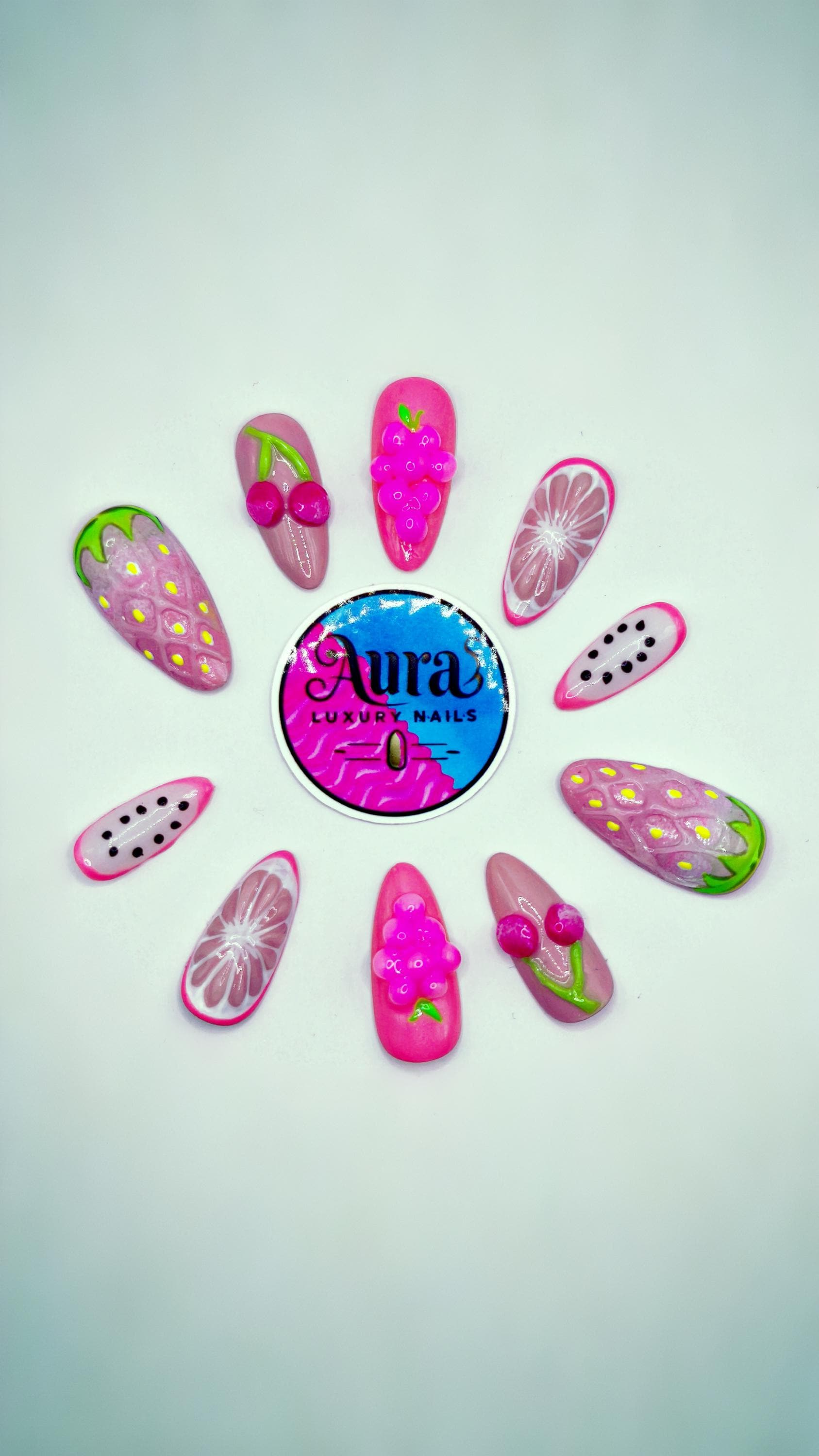 Fruit Press On Nails - Handgefertigte 3D Sommer Nail Art Set Kirsche, Erdbeere, Wassermelone, Grapefruit, Drachenfrucht Nägel Pink Wiederverwendbare Fruit Press On Nails - Handgefertigte 3D Sommer Nail Art Set Kirsche, Erdbeere, Wassermelone, Grapefruit, Drachenfrucht Nägel Pink Wiederverwendbare von Etsy - PressonnailsAura