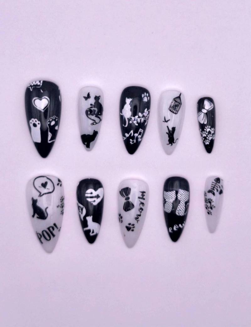Gothic Katzenliebhaber Drücken Sie Auf Die Nägel | Schwarz Weiße Stiletto Handgefertigte Wiederverwendbare Gefälschte Frühling Sommer von Etsy - PressonnailsAura