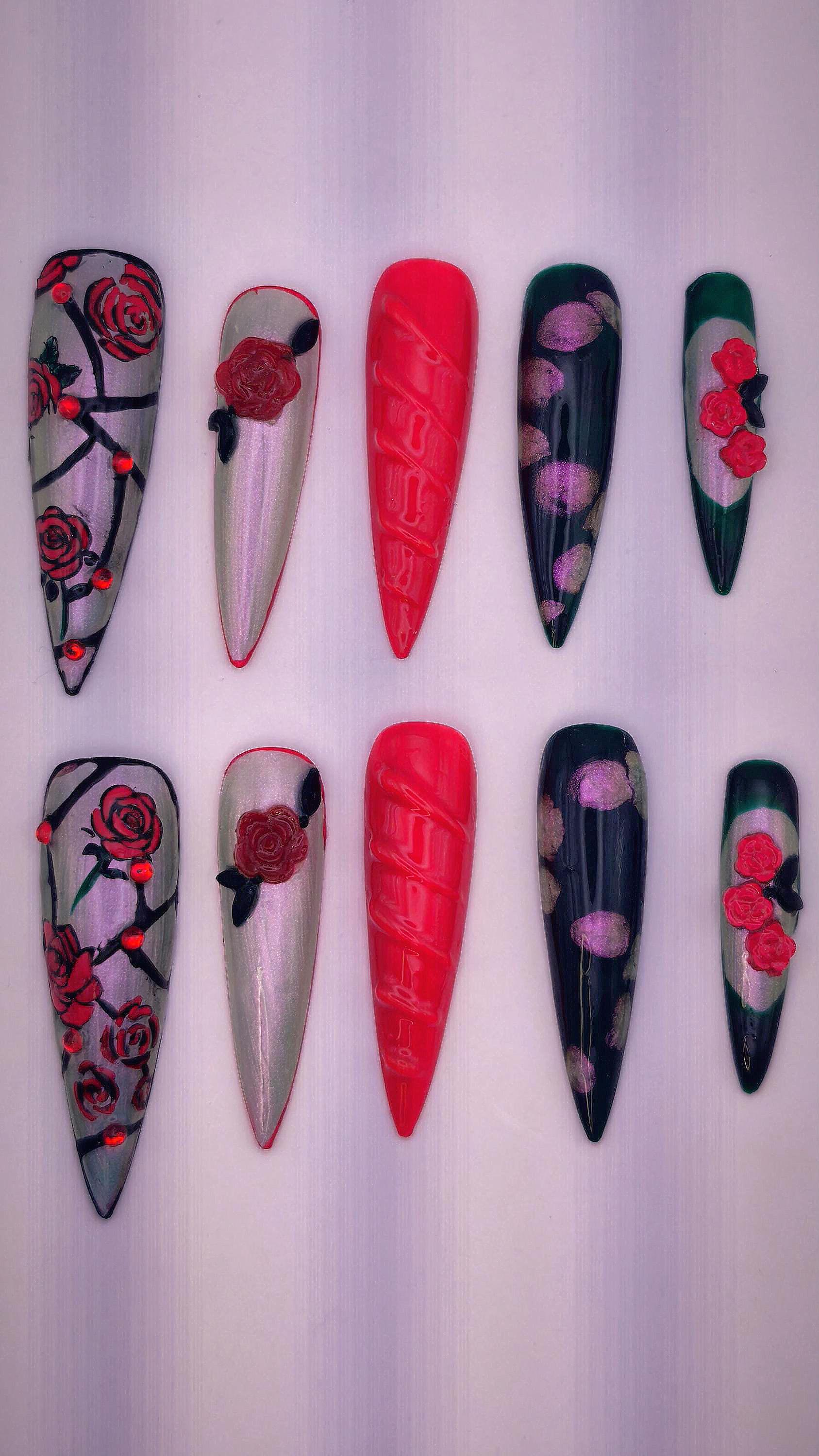 Handgemachte Rose Drücken Sie Auf Die Nägel | 3D Blumen Lange Sarg Rote Und Schwarze Elegante Falsche Wiederverwendbares Nail Art Set Für Handgemachte Rose Drücken Sie Auf Die Nägel | 3D Blumen Lange Sarg Rote Und Schwarze Elegante Falsche Wiederverwendbares Nail Art Set Für von Etsy - PressonnailsAura