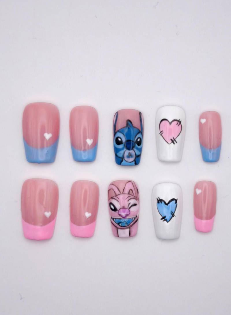 Lilo & Stitch Press On Nails Set - Niedliche Rosa Blaue Handgemachte Nägel Mit Cartoon Art, Herz Designs Wiederverwendbare Künstliche Für Cosplay von Etsy - PressonnailsAura
