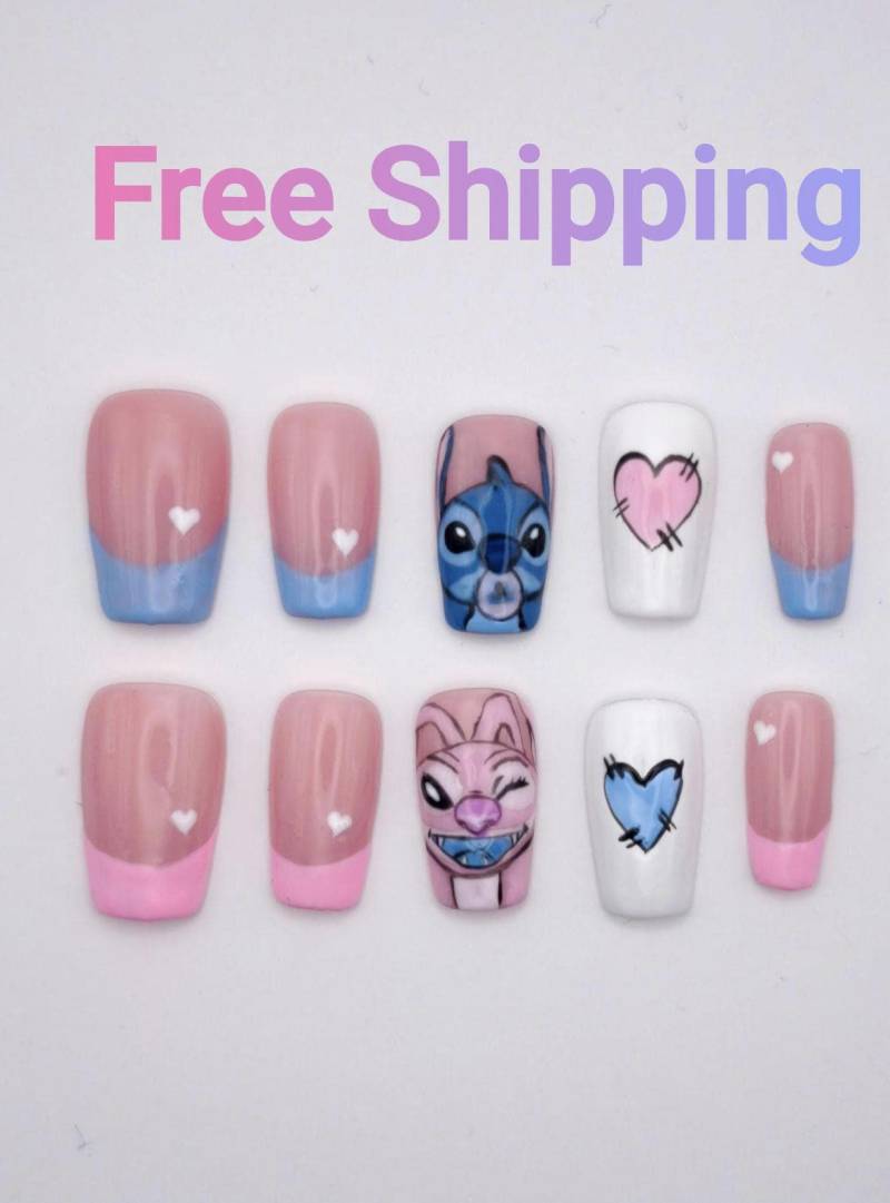 Lilo & Stitch Press On Nails Set - Niedliche Rosa Blaue Handgemachte Nägel Mit Cartoon Art, Herz Designs Wiederverwendbare Künstliche Für Cosplay von Etsy - PressonnailsAura