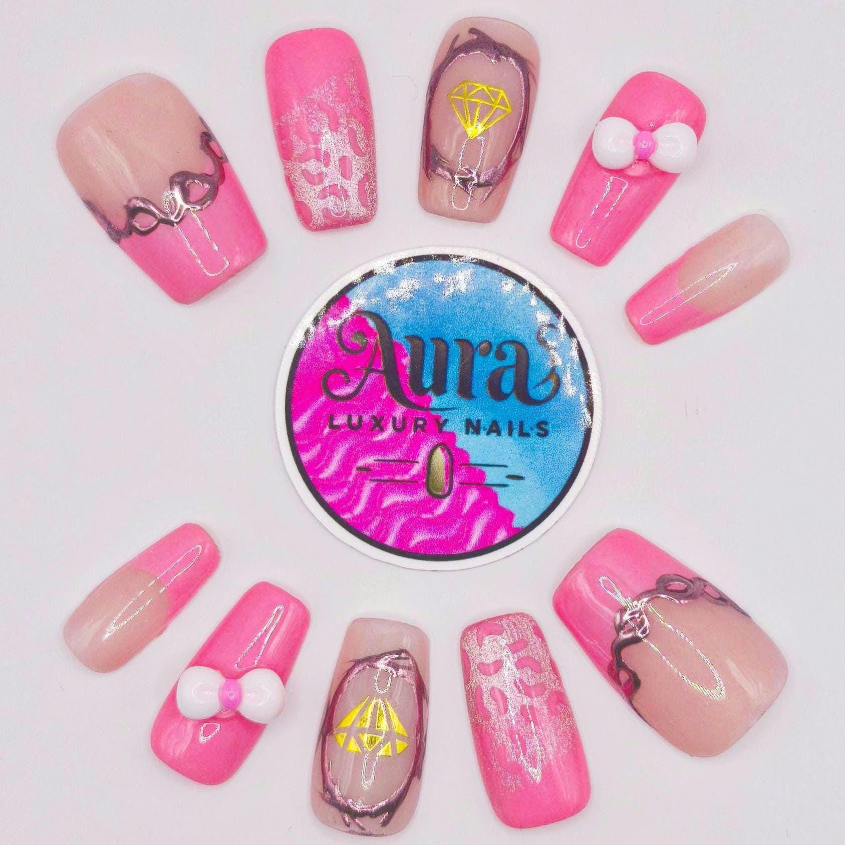 Pink Bow & Diamond Press On Nails - Katzenaugeneffekt Handgefertigtes Luxusnagelset | Niedliche 3D Schleifen, Glänzend Rosa, Sommer Stil Pink Bow & Diamond Press On Nails - Katzenaugeneffekt Handgefertigtes Luxusnagelset | Niedliche 3D Schleifen, Glänzend Rosa, Sommer Stil von Etsy - PressonnailsAura