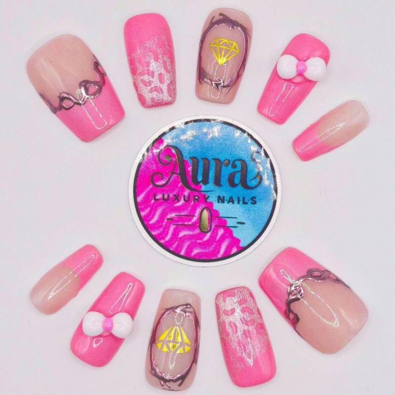 Pink Bow & Diamond Press On Nails - Katzenaugeneffekt Handgefertigtes Luxusnagelset | Niedliche 3D Schleifen, Glänzend Rosa, Sommer Stil von Etsy - PressonnailsAura