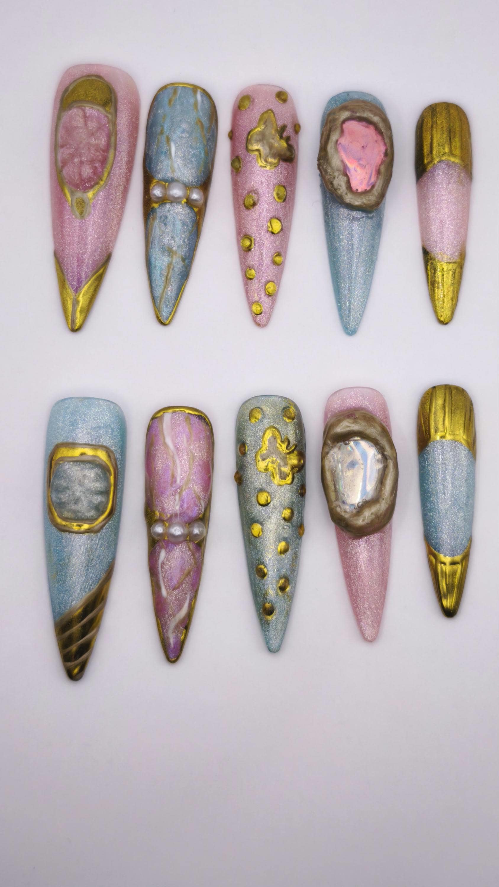 Vintage Fantasy Press-On Nails Set - 3D Gold Akzente, Perlen & Stein Details Handgefertigtes Luxuriöses Nail Art Sommer Geschenk Für Sie Geburtstag von Etsy - PressonnailsAura
